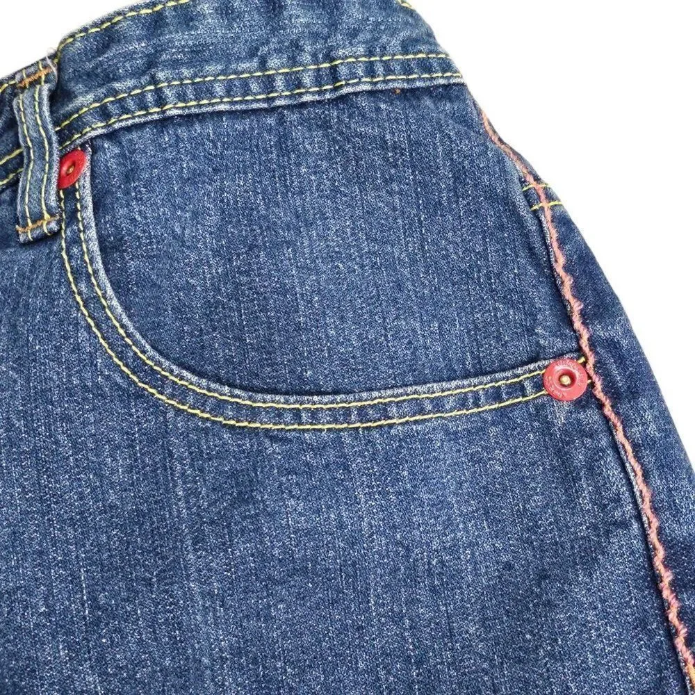 Vintage 90s Y2K Denim Skirt Womens Size XL Blue Jean Raw Hem Daisy Flowers
